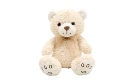 Plush sitting teddy bear with silk bow, 28 cm