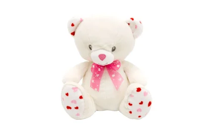 White sitting teddy bear with a bow, 23 cm
